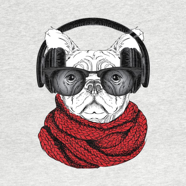 Dog in glasses, winter scarf and with headphones by amramna